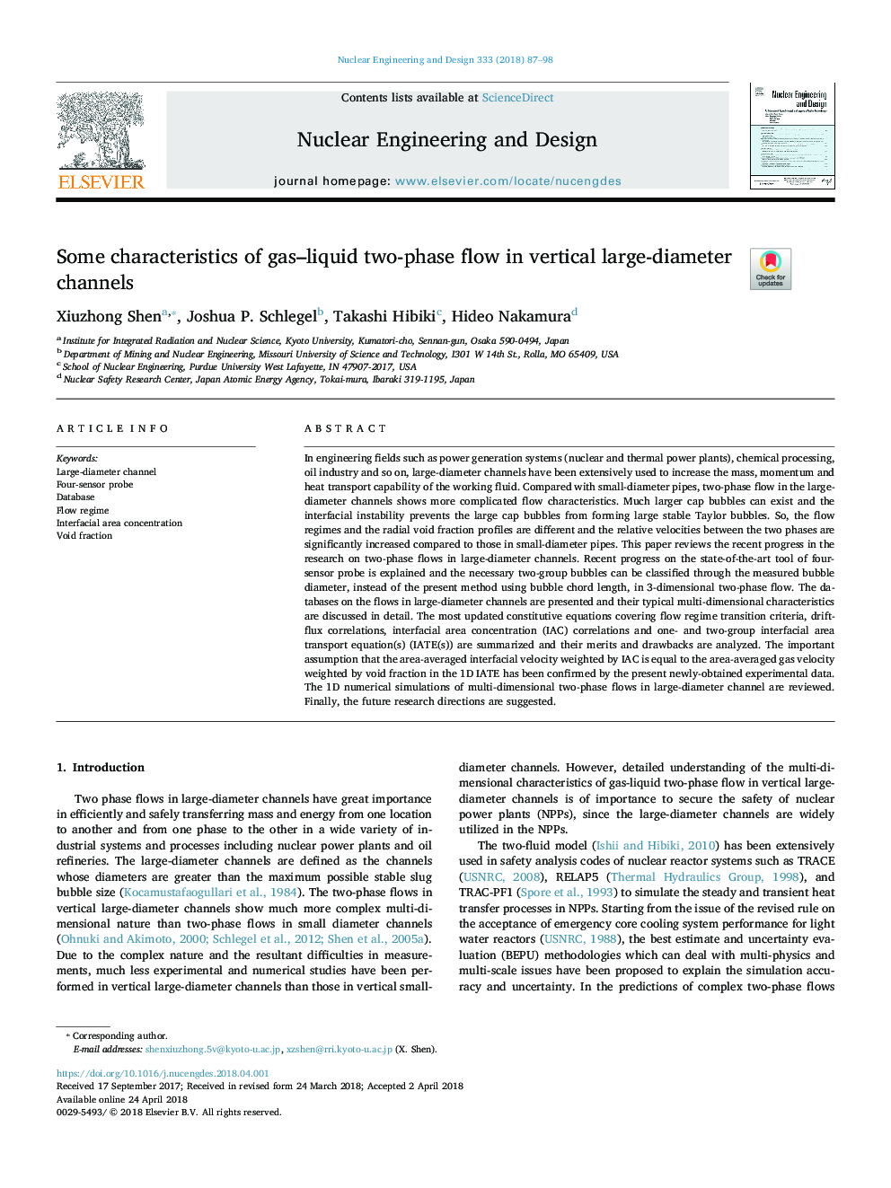 Some characteristics of gas-liquid two-phase flow in vertical large-diameter channels