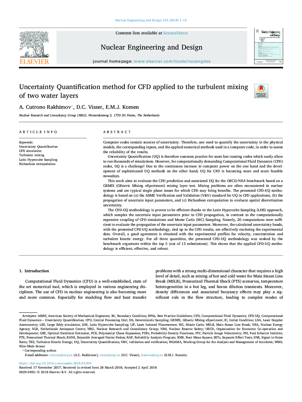 Uncertainty Quantification method for CFD applied to the turbulent mixing of two water layers