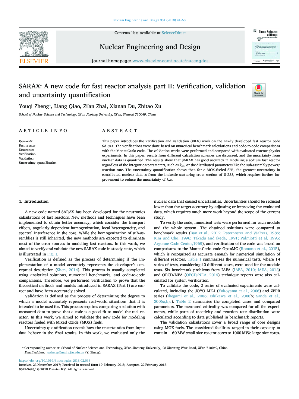 SARAX: A new code for fast reactor analysis part II: Verification, validation and uncertainty quantification