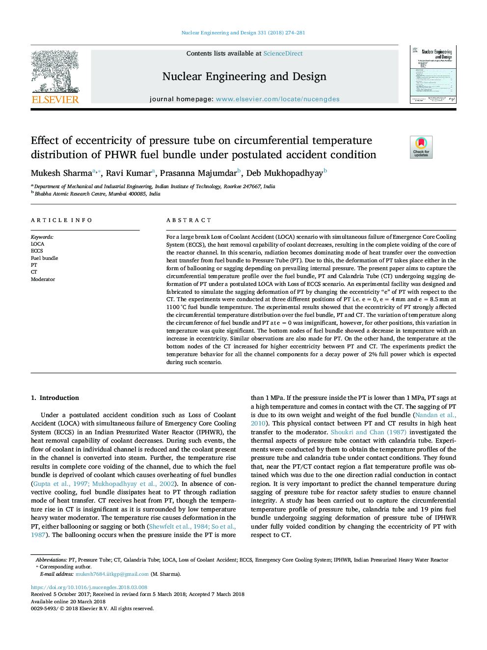 Effect of eccentricity of pressure tube on circumferential temperature distribution of PHWR fuel bundle under postulated accident condition