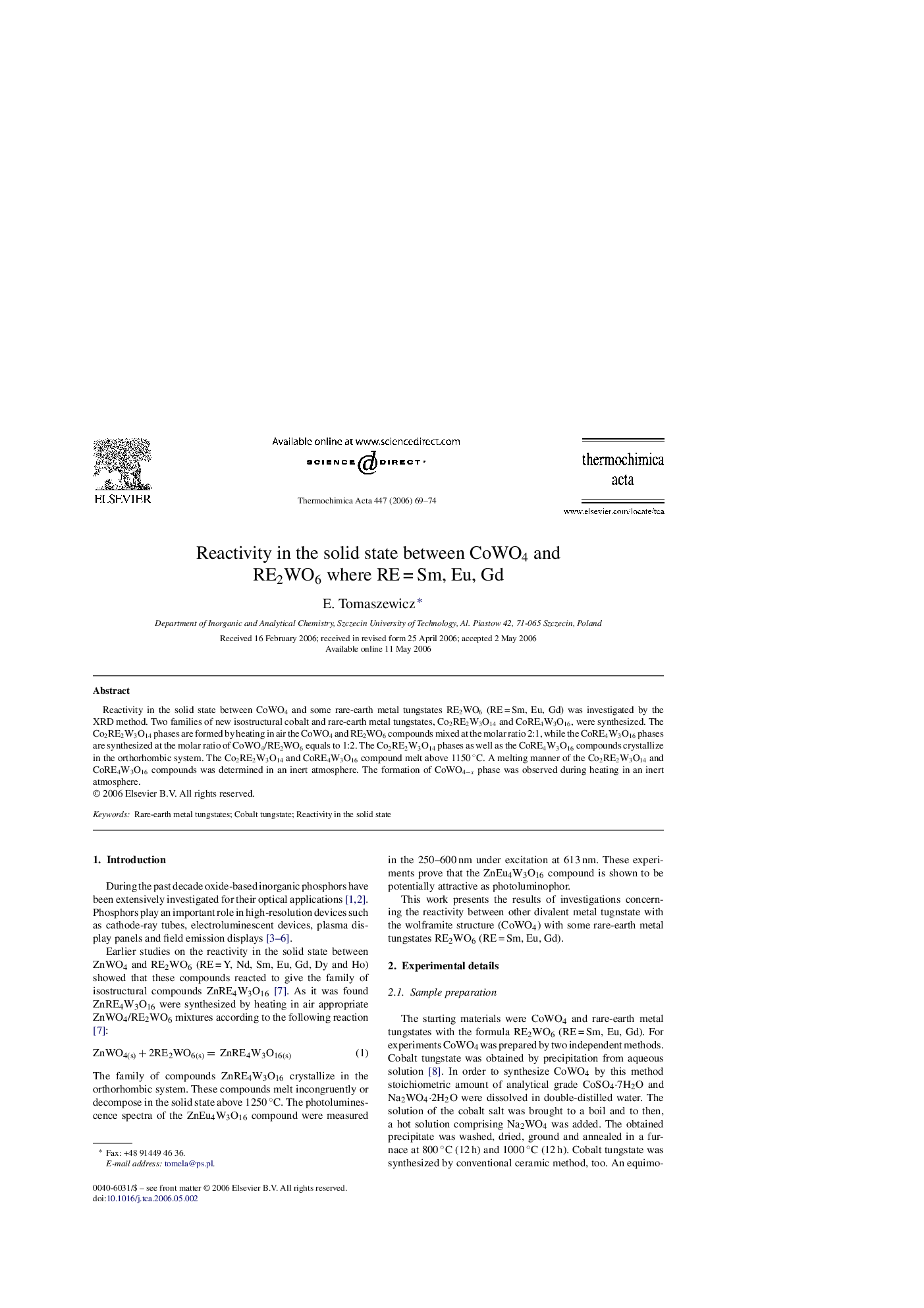 Reactivity in the solid state between CoWO4 and RE2WO6 where RE = Sm, Eu, Gd