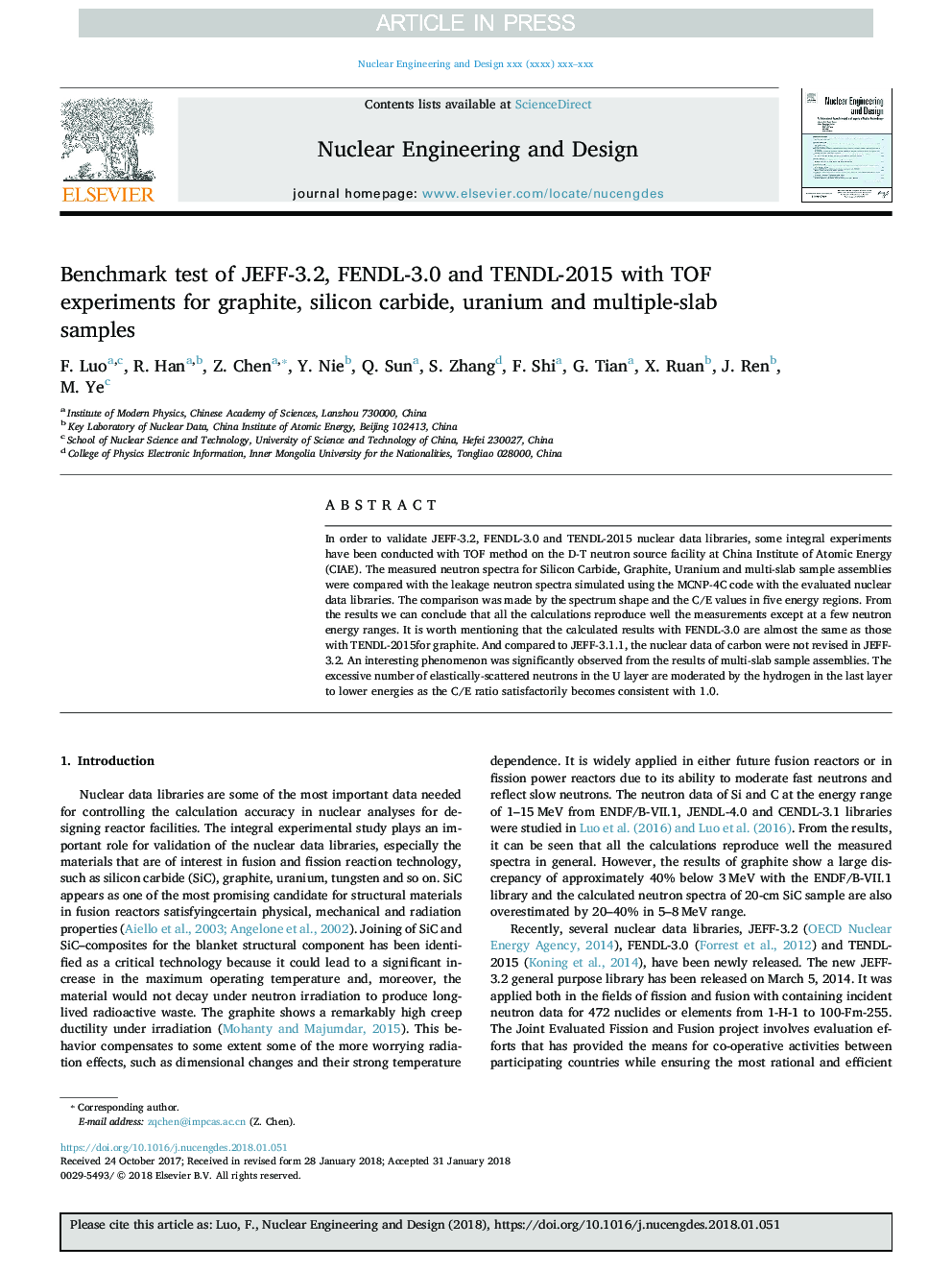 عکس صفحه اول مقاله: Benchmark test of JEFF-3.2, FENDL-3.0 and TENDL-2015 with TOF experiments for graphite, silicon carbide, uranium and multiple-slab samples Benchmark test of JEFF-3.2, FENDL-3.0 and TENDL-2015 with TOF experiments for graphite, silicon carbide, uranium and multiple-slab samples