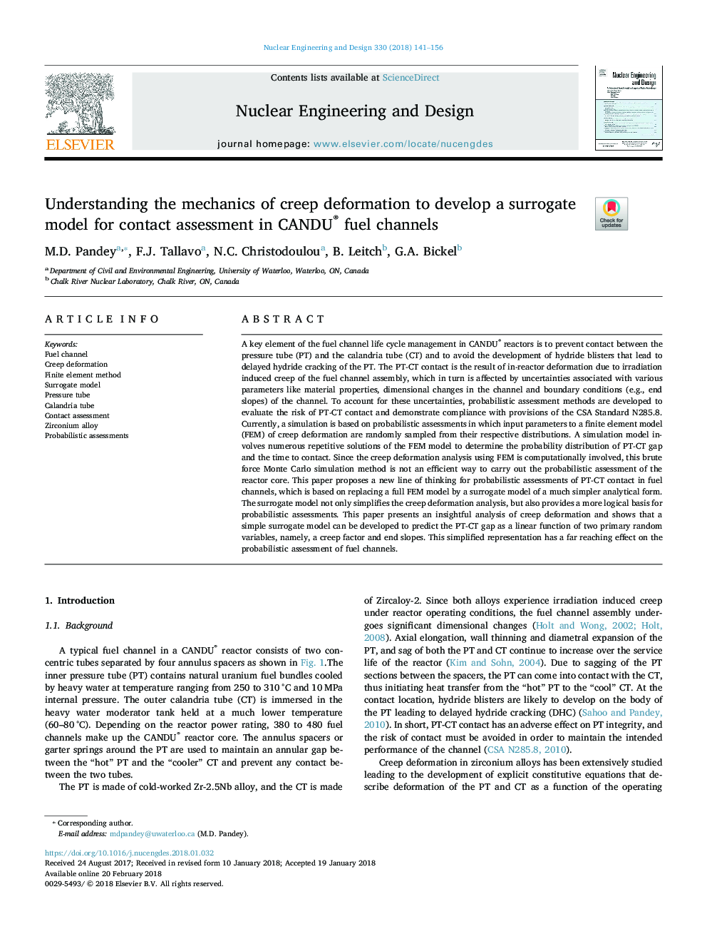 Understanding the mechanics of creep deformation to develop a surrogate model for contact assessment in CANDU® fuel channels