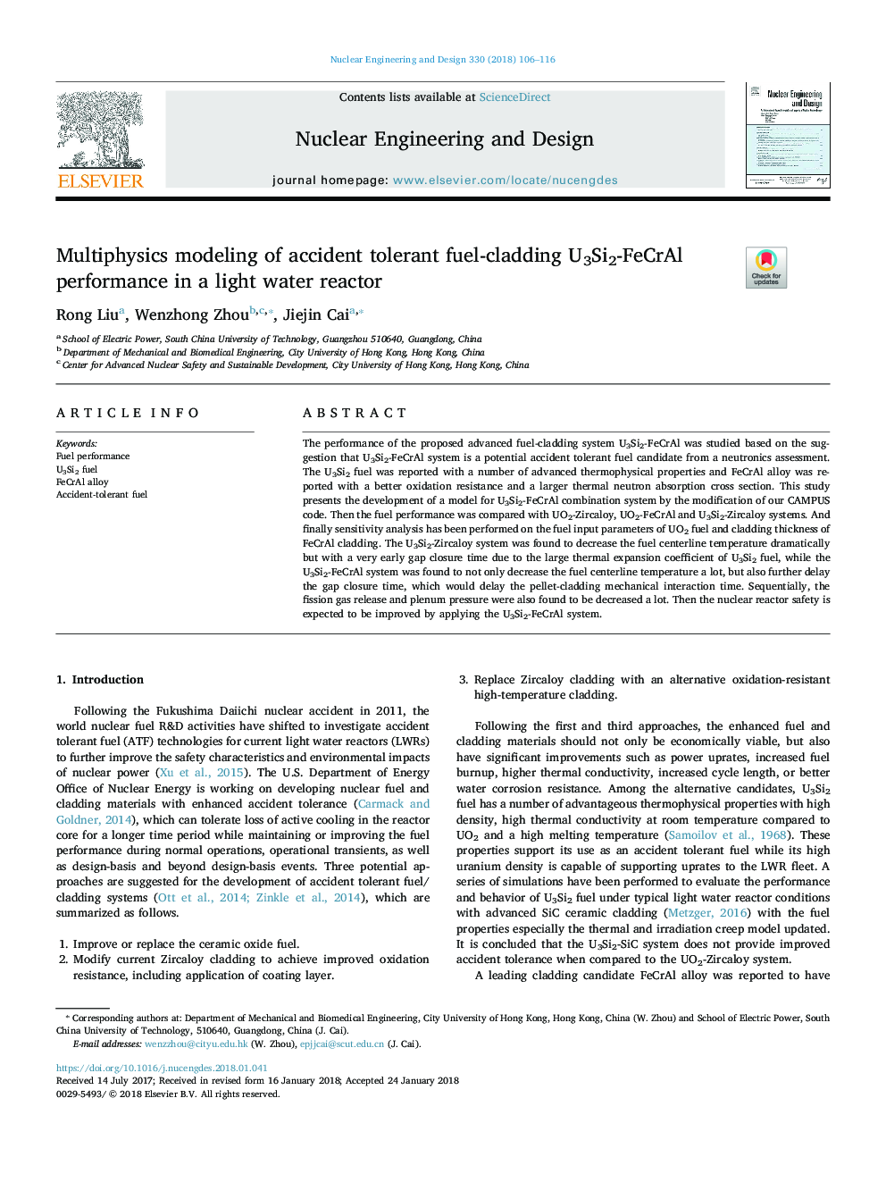 Multiphysics modeling of accident tolerant fuel-cladding U3Si2-FeCrAl performance in a light water reactor