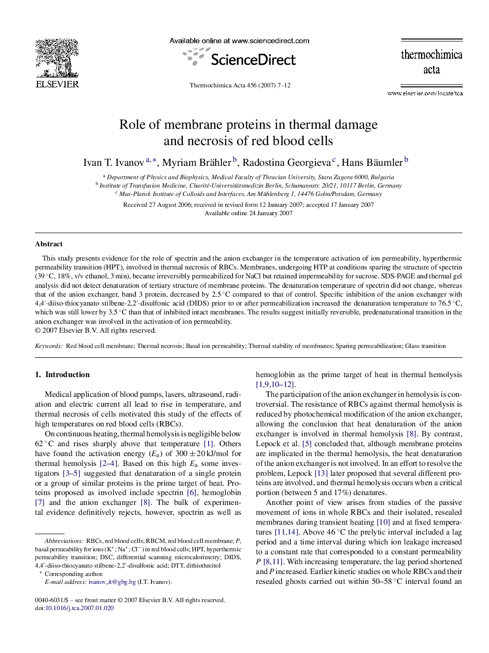 Role of membrane proteins in thermal damage and necrosis of red blood cells