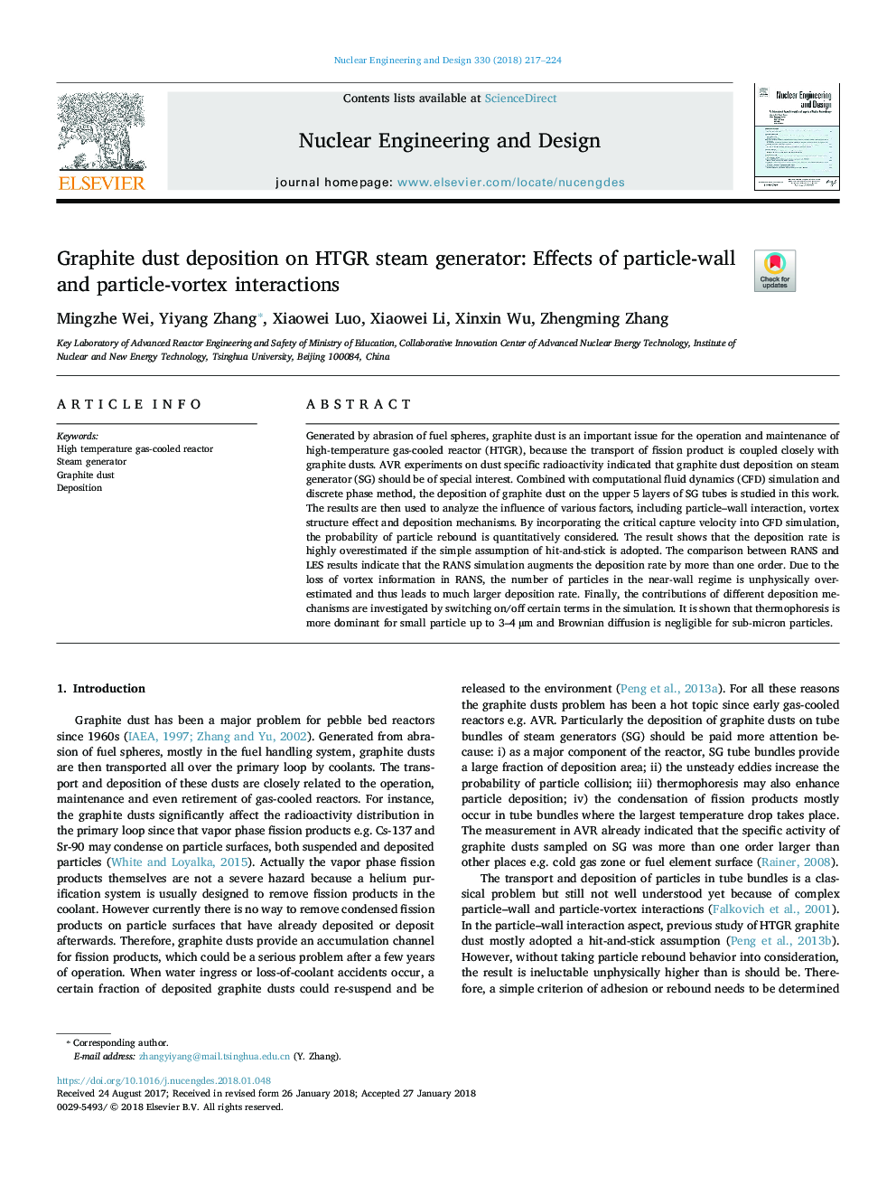 Graphite dust deposition on HTGR steam generator: Effects of particle-wall and particle-vortex interactions