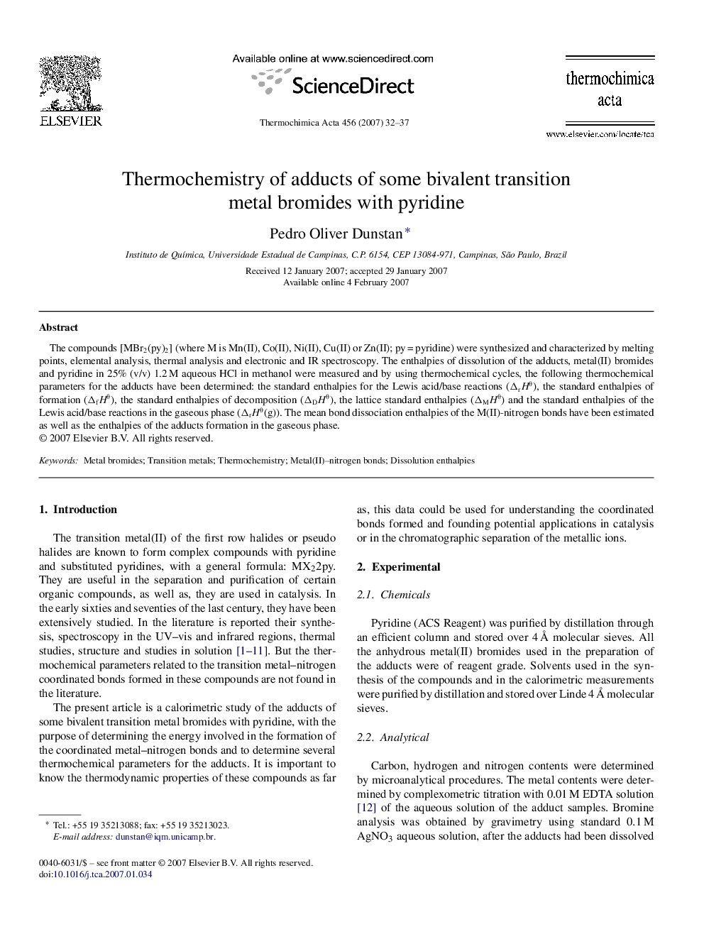 عکس صفحه اول مقاله: Thermochemistry of adducts of some bivalent transition metal bromides with pyridine Thermochemistry of adducts of some bivalent transition metal bromides with pyridine