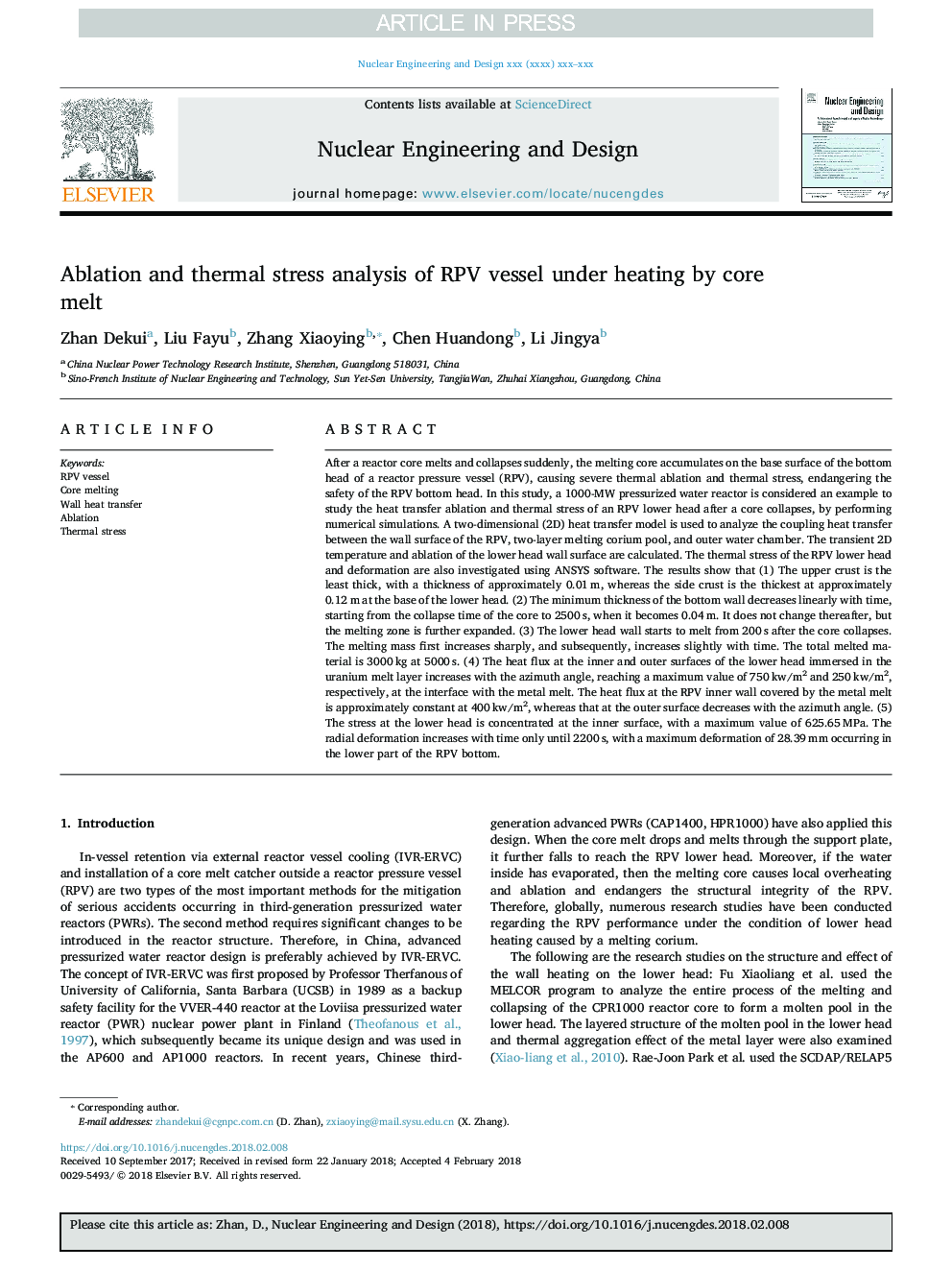 Ablation and thermal stress analysis of RPV vessel under heating by core melt