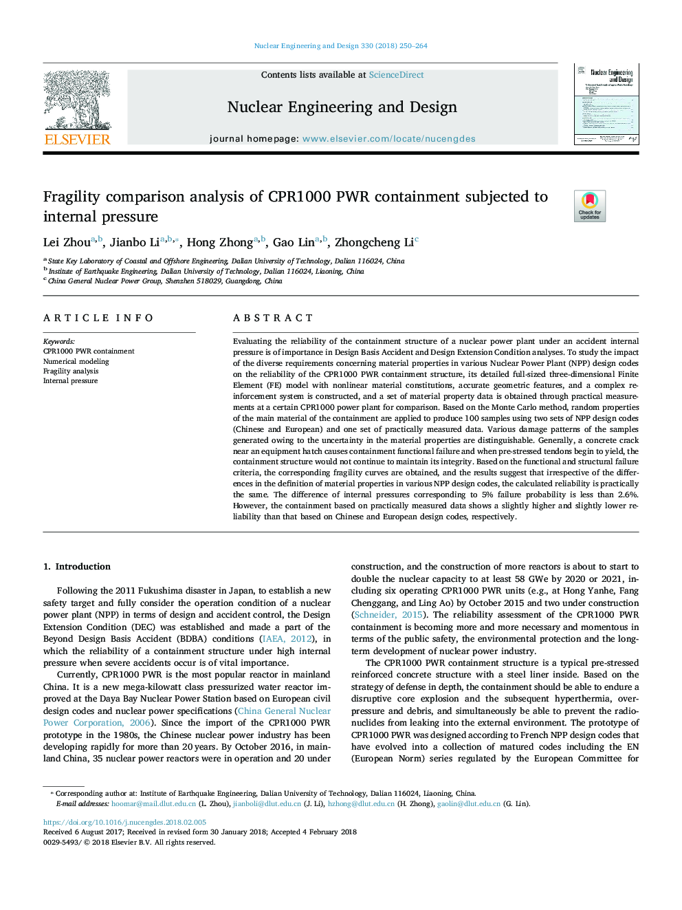 Fragility comparison analysis of CPR1000 PWR containment subjected to internal pressure