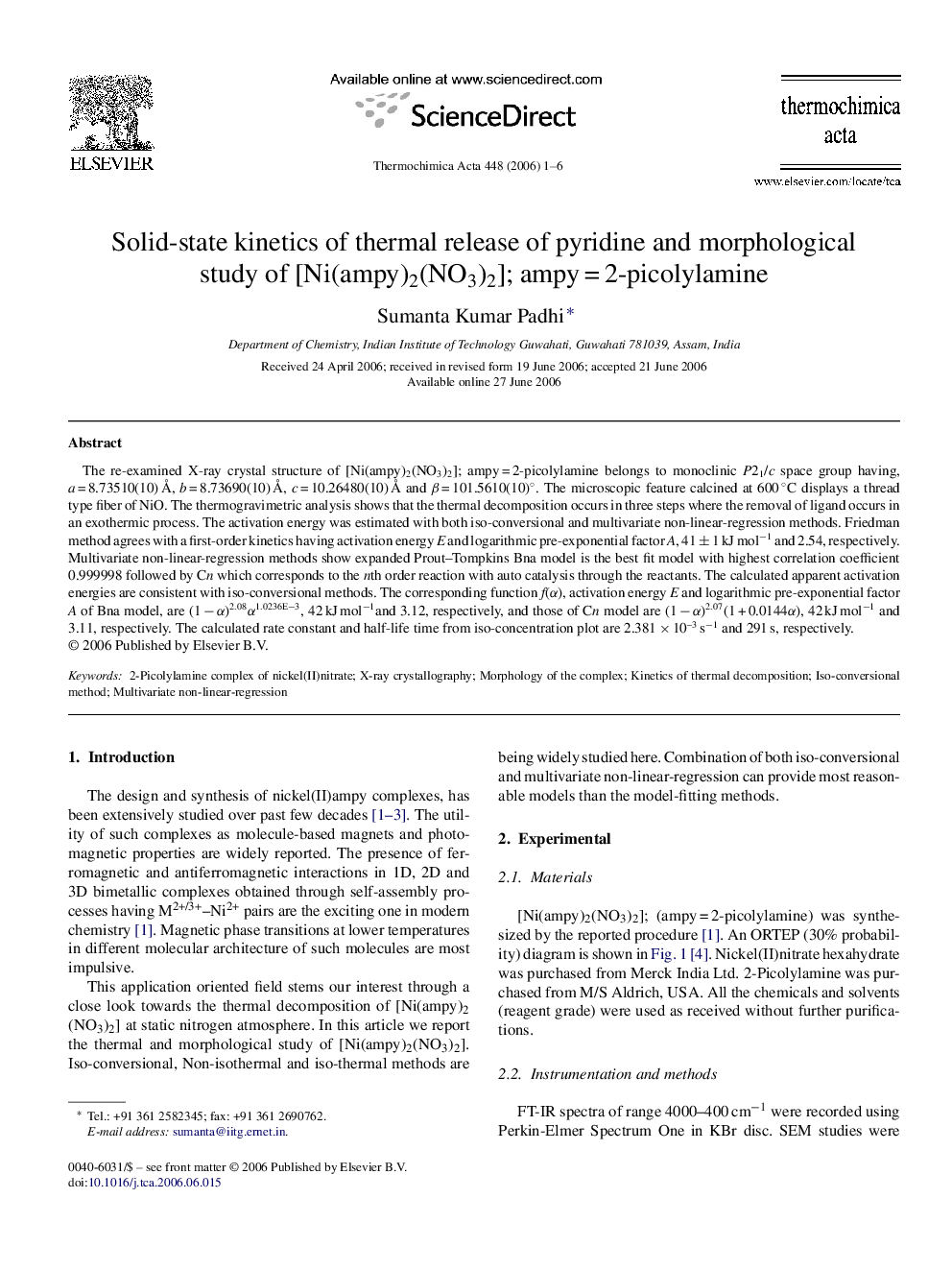 Solid-state kinetics of thermal release of pyridine and morphological study of [Ni(ampy)2(NO3)2]; ampy = 2-picolylamine