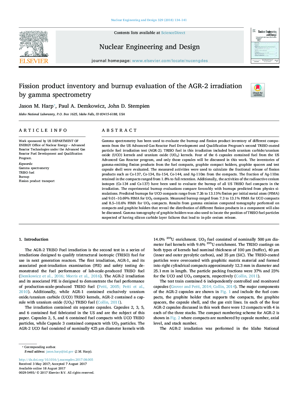 Fission product inventory and burnup evaluation of the AGR-2 irradiation by gamma spectrometry