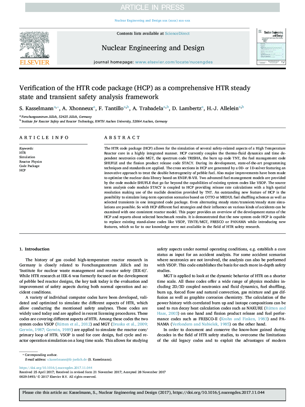 عکس صفحه اول مقاله: Verification of the HTR code package (HCP) as a comprehensive HTR steady state and transient safety analysis framework Verification of the HTR code package (HCP) as a comprehensive HTR steady state and transient safety analysis framework