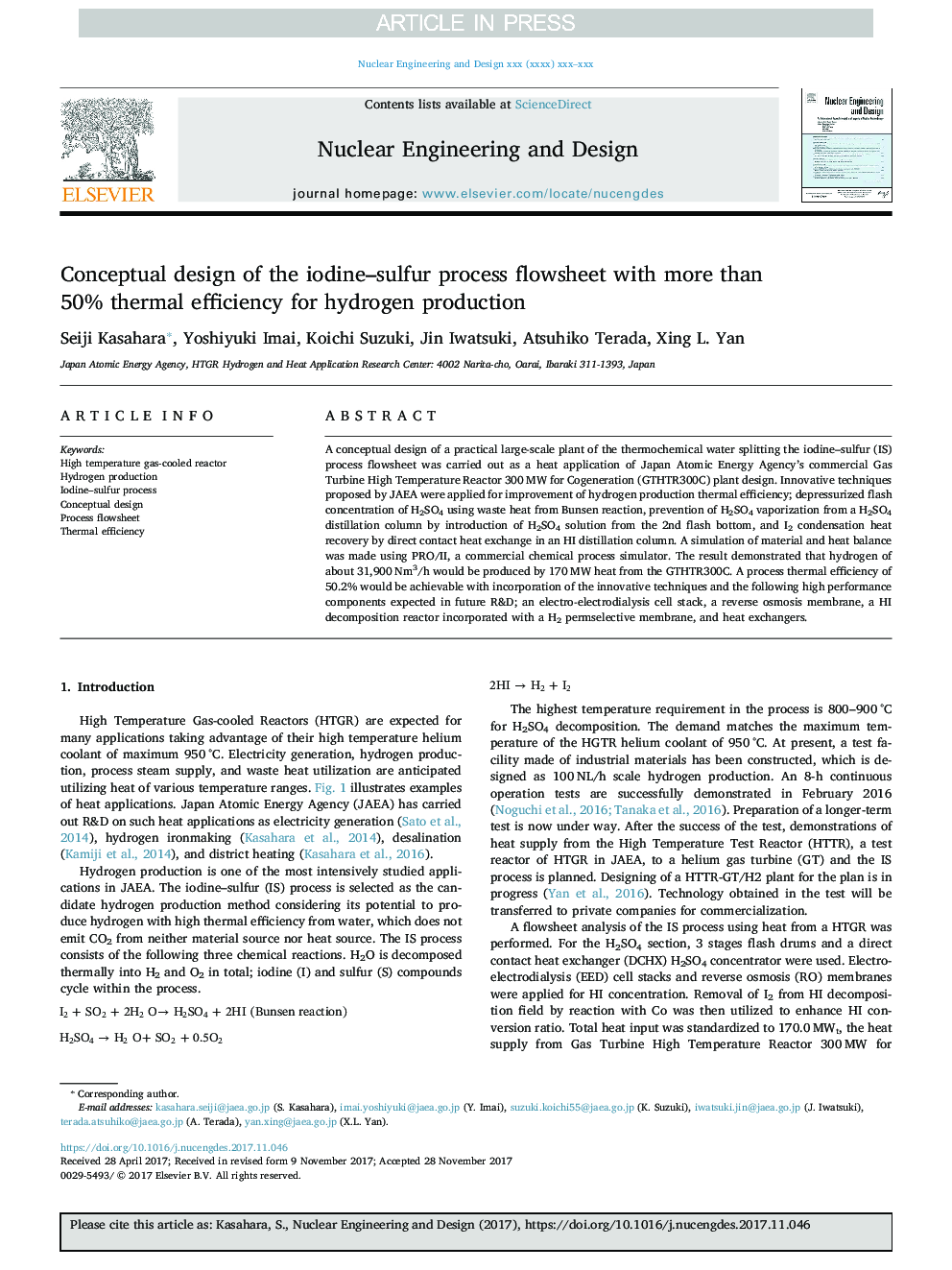 Conceptual design of the iodine-sulfur process flowsheet with more than 50% thermal efficiency for hydrogen production