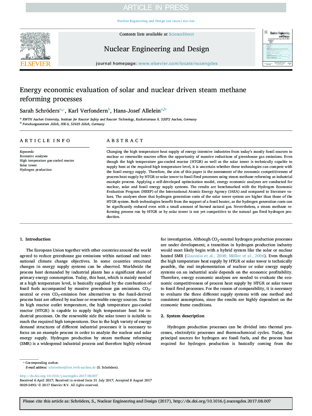 Energy economic evaluation of solar and nuclear driven steam methane reforming processes