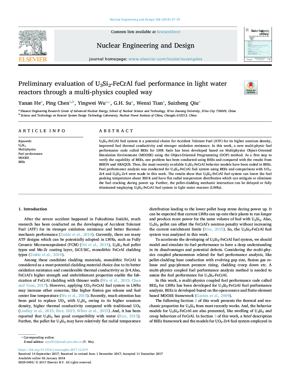 Preliminary evaluation of U3Si2-FeCrAl fuel performance in light water reactors through a multi-physics coupled way