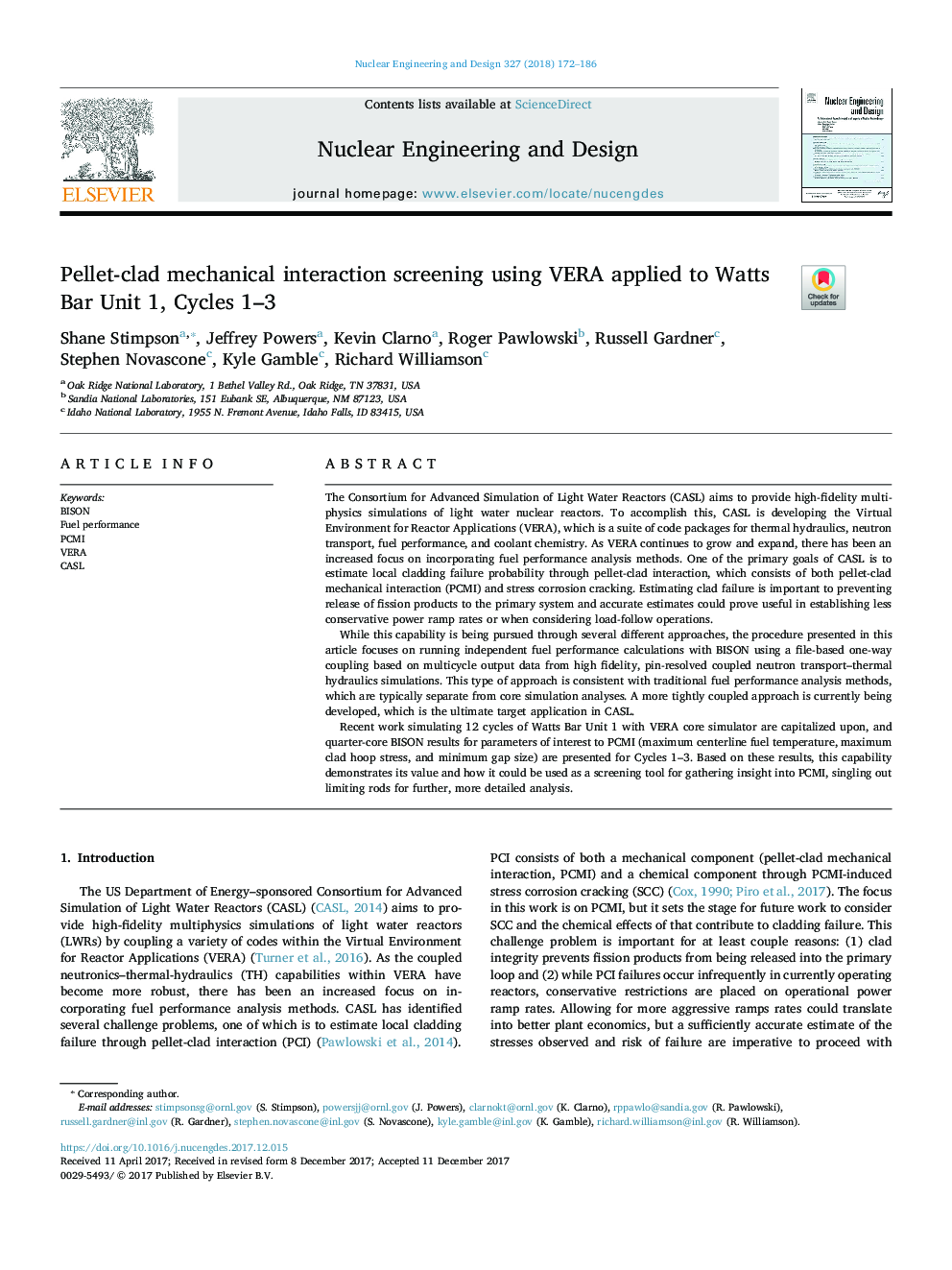 Pellet-clad mechanical interaction screening using VERA applied to Watts Bar Unit 1, Cycles 1-3