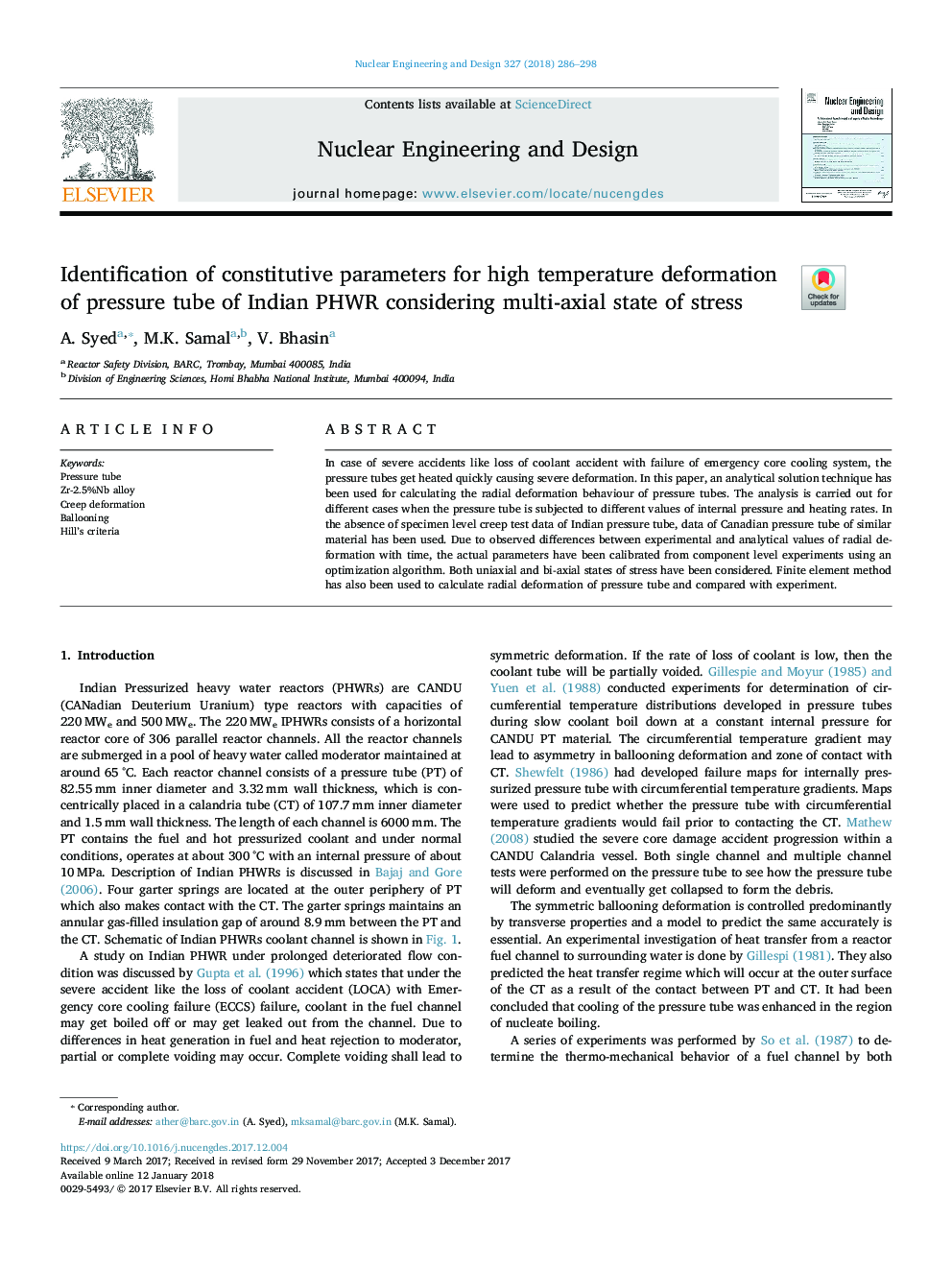 Identification of constitutive parameters for high temperature deformation of pressure tube of Indian PHWR considering multi-axial state of stress