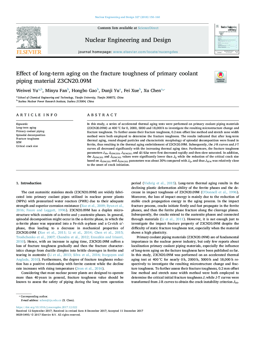 Effect of long-term aging on the fracture toughness of primary coolant piping material Z3CN20.09M