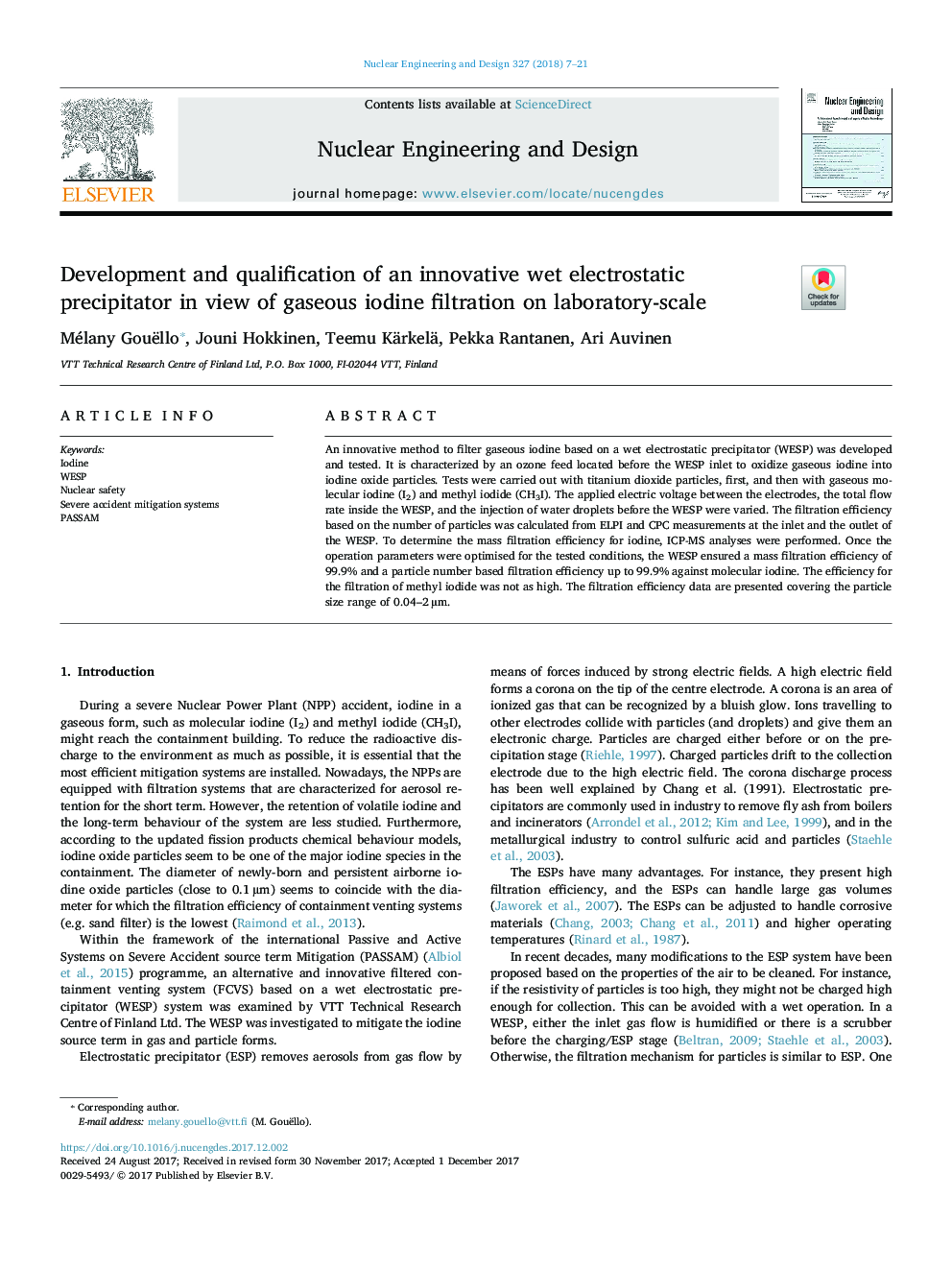 Development and qualification of an innovative wet electrostatic precipitator in view of gaseous iodine filtration on laboratory-scale