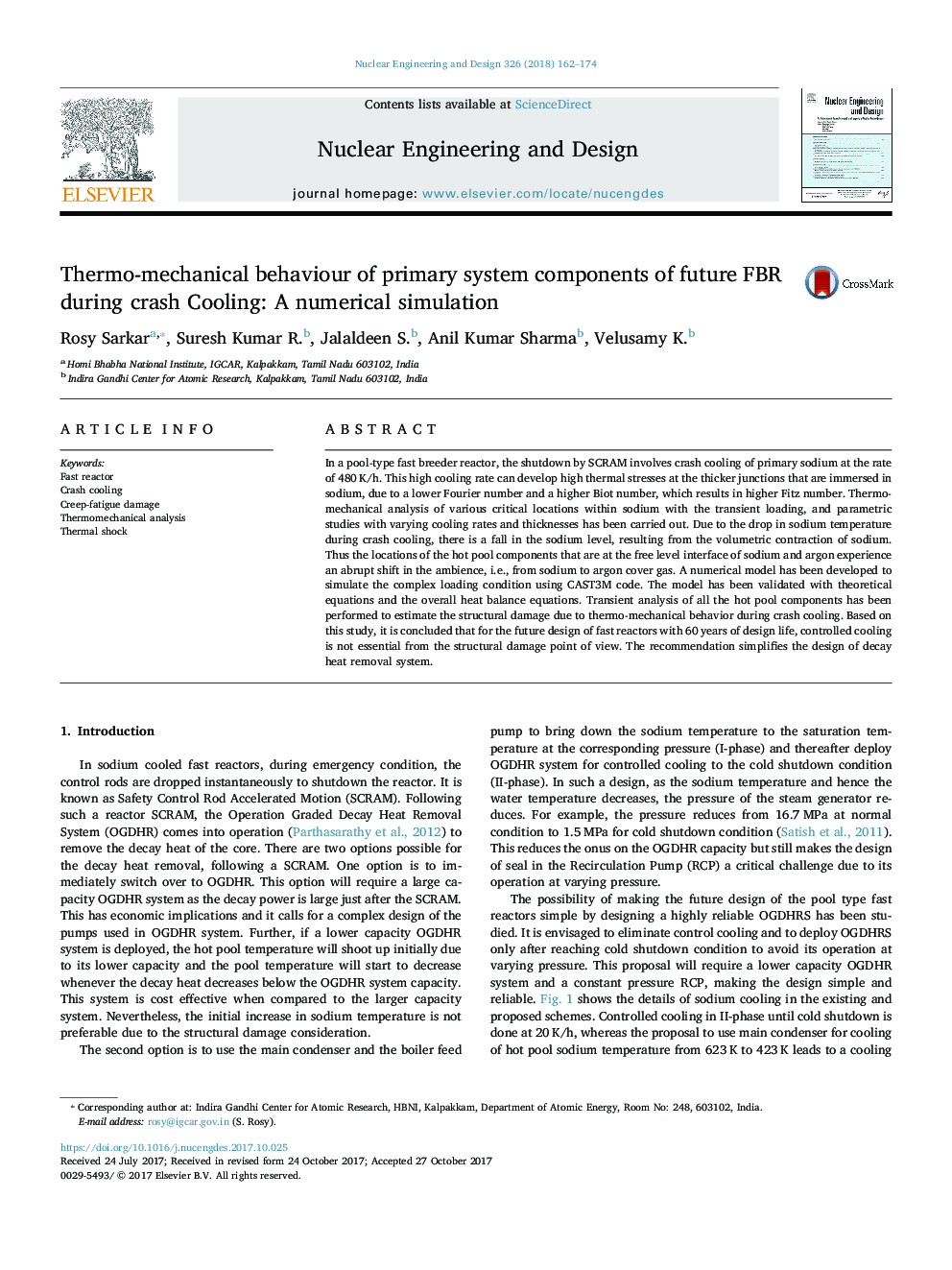 Thermo-mechanical behaviour of primary system components of future FBR during crash Cooling: A numerical simulation