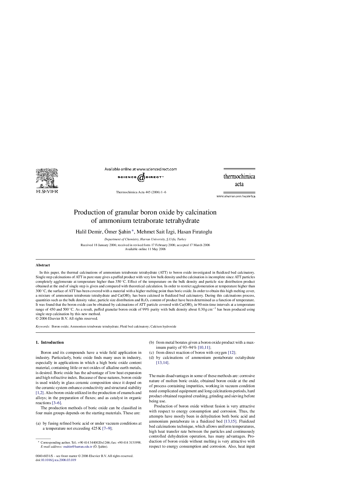 عکس صفحه اول مقاله: Production of granular boron oxide by calcination of ammonium tetraborate tetrahydrate Production of granular boron oxide by calcination of ammonium tetraborate tetrahydrate