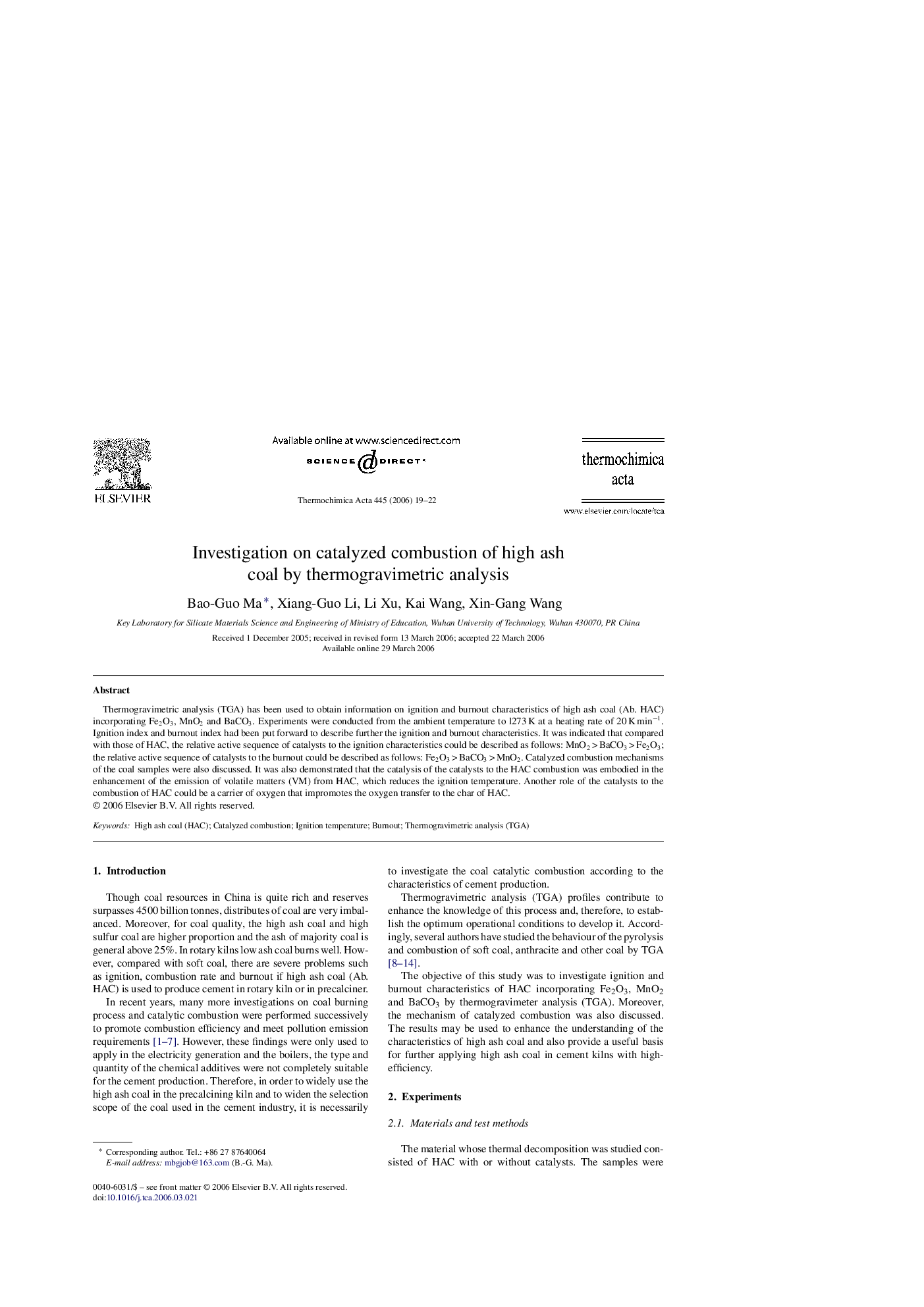 Investigation on catalyzed combustion of high ash coal by thermogravimetric analysis