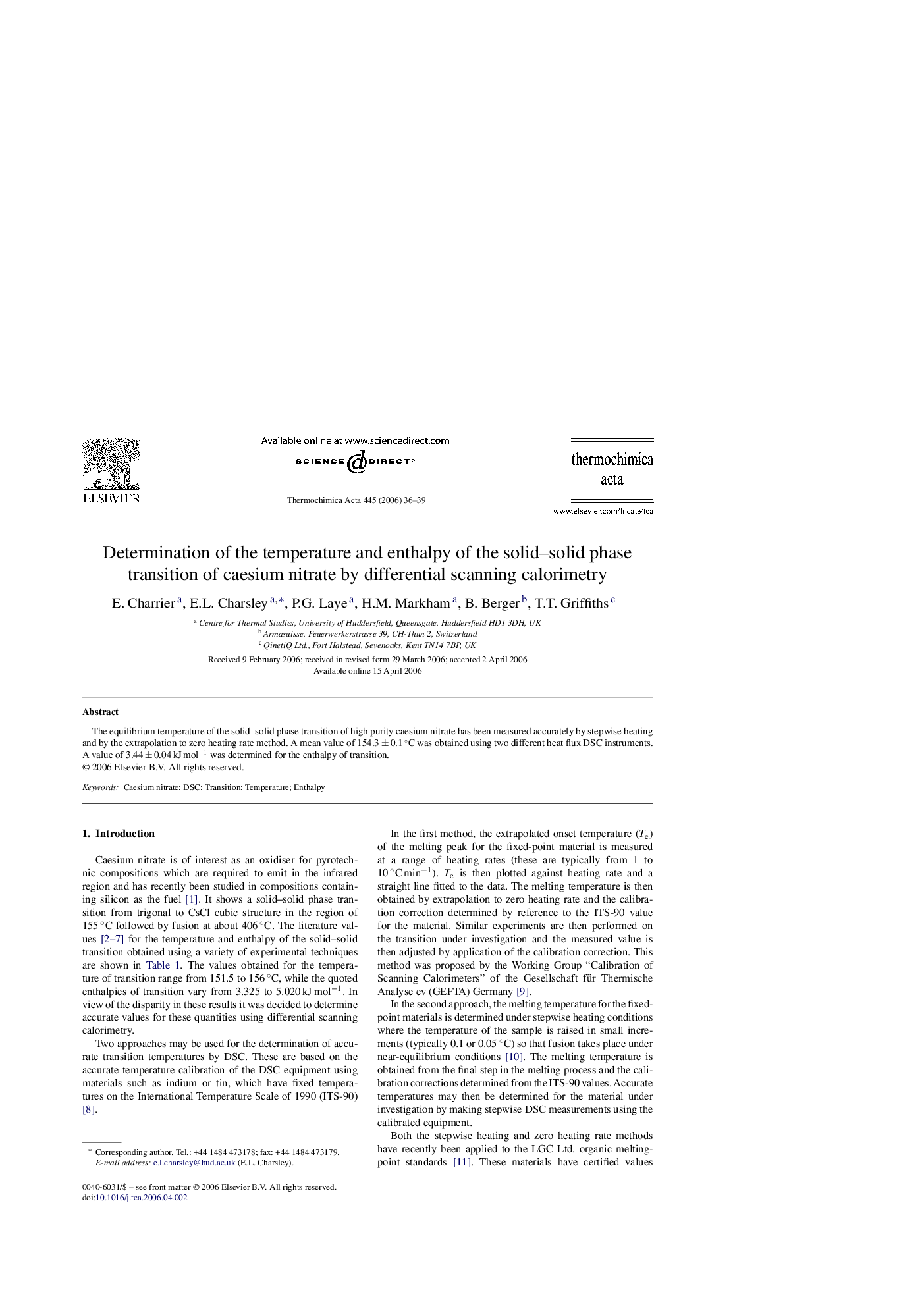 Determination of the temperature and enthalpy of the solid–solid phase transition of caesium nitrate by differential scanning calorimetry