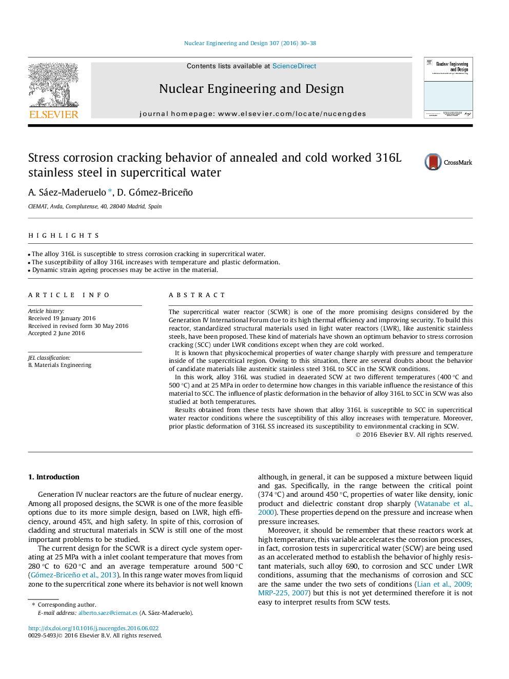 Stress corrosion cracking behavior of annealed and cold worked 316L stainless steel in supercritical water