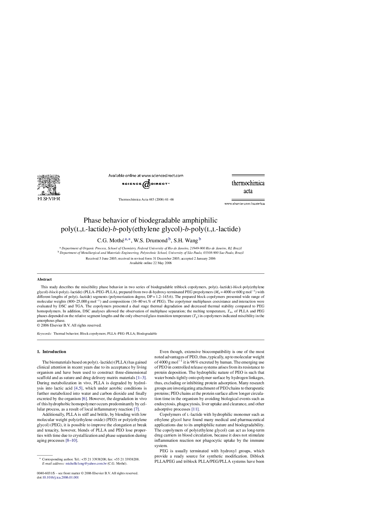 Phase behavior of biodegradable amphiphilic poly(l,l-lactide)-b-poly(ethylene glycol)-b-poly(l,l-lactide)