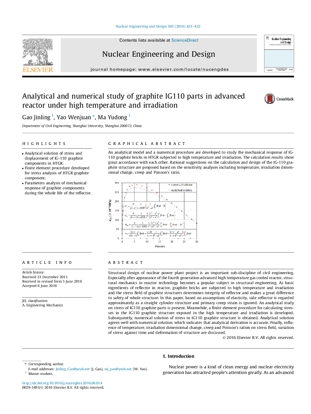 Analytical and numerical study of graphite IG110 parts in advanced reactor under high temperature and irradiation