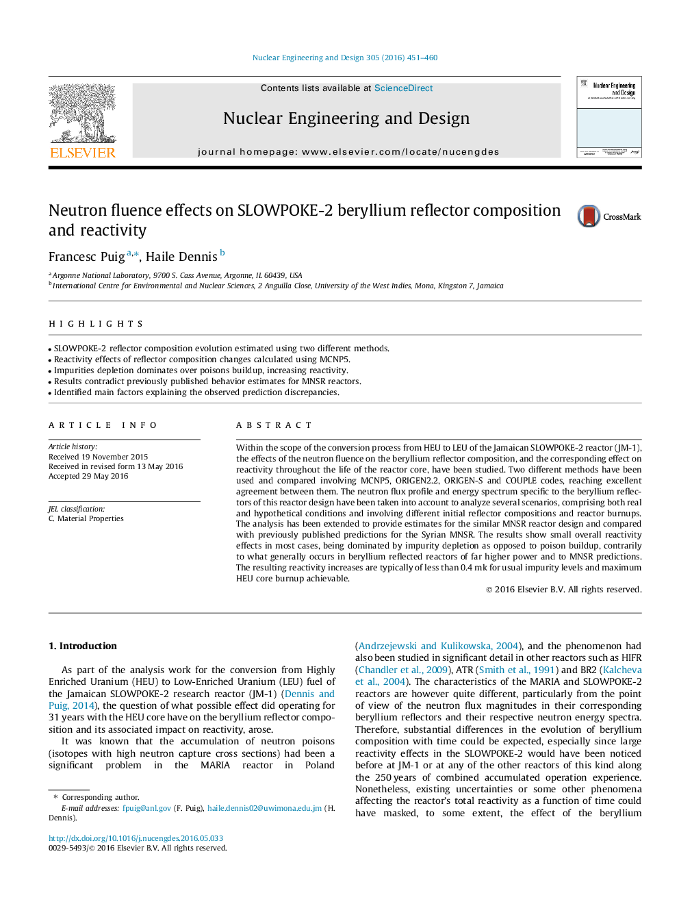 Neutron fluence effects on SLOWPOKE-2 beryllium reflector composition and reactivity