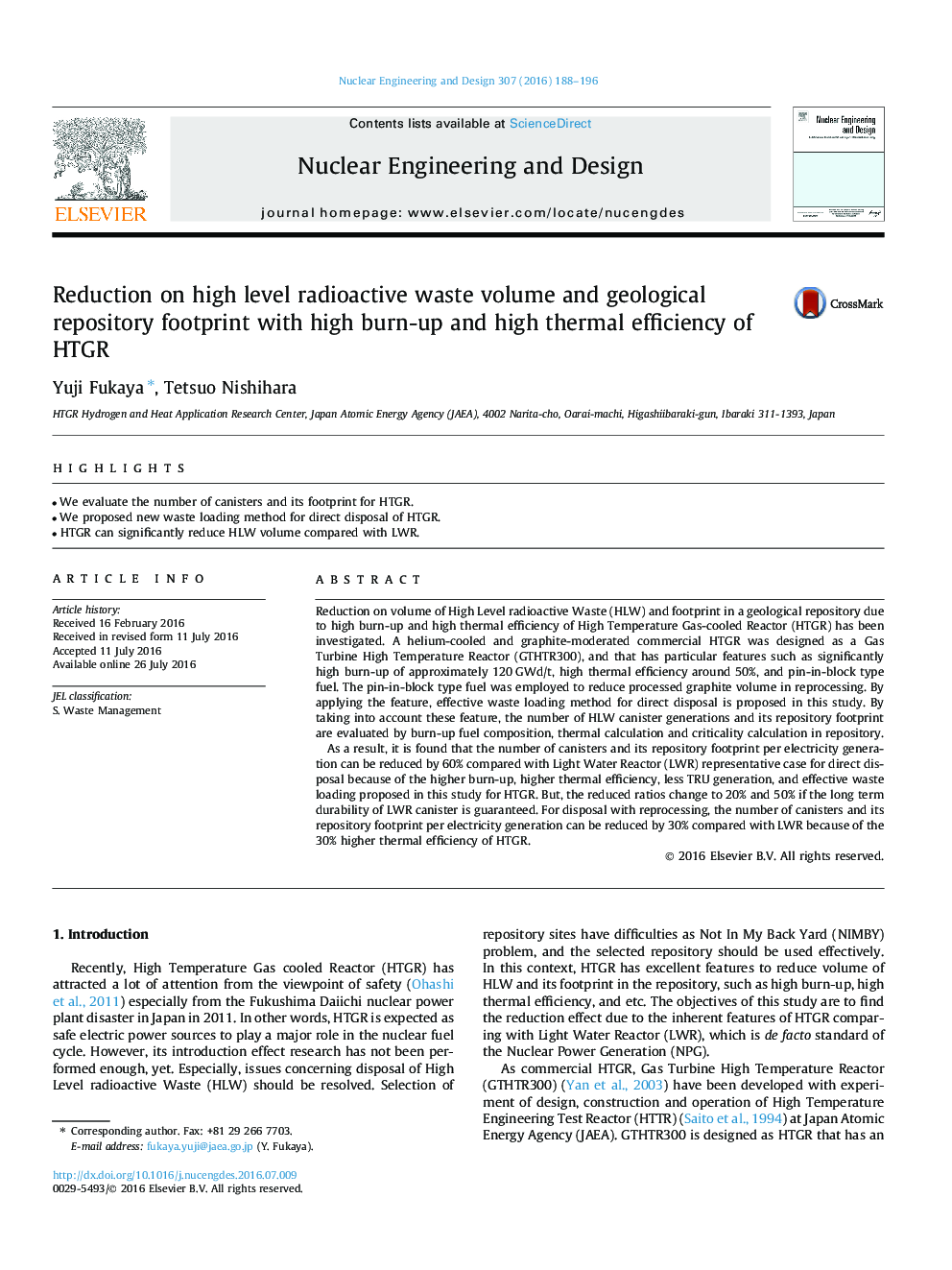 Reduction on high level radioactive waste volume and geological repository footprint with high burn-up and high thermal efficiency of HTGR