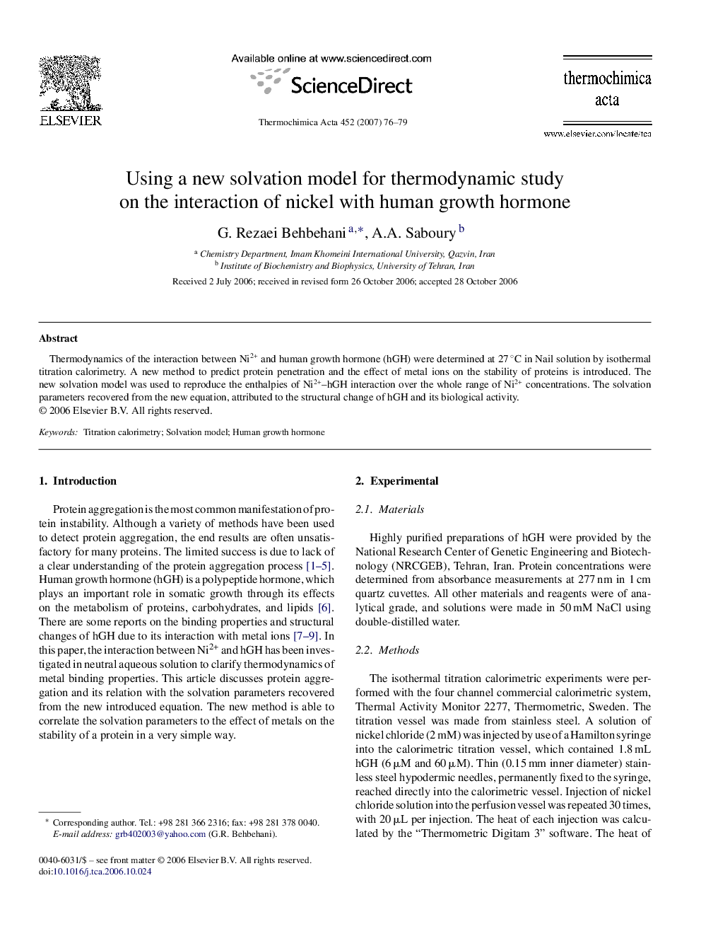 Using a new solvation model for thermodynamic study on the interaction of nickel with human growth hormone