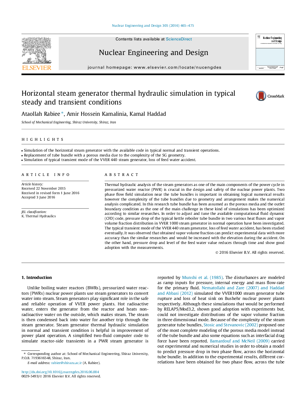 Horizontal steam generator thermal hydraulic simulation in typical steady and transient conditions