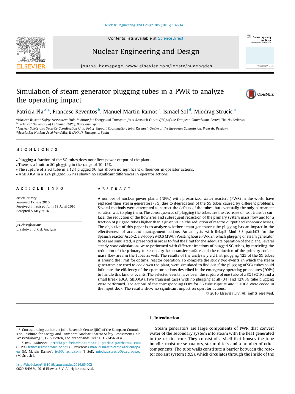 Simulation of steam generator plugging tubes in a PWR to analyze the operating impact