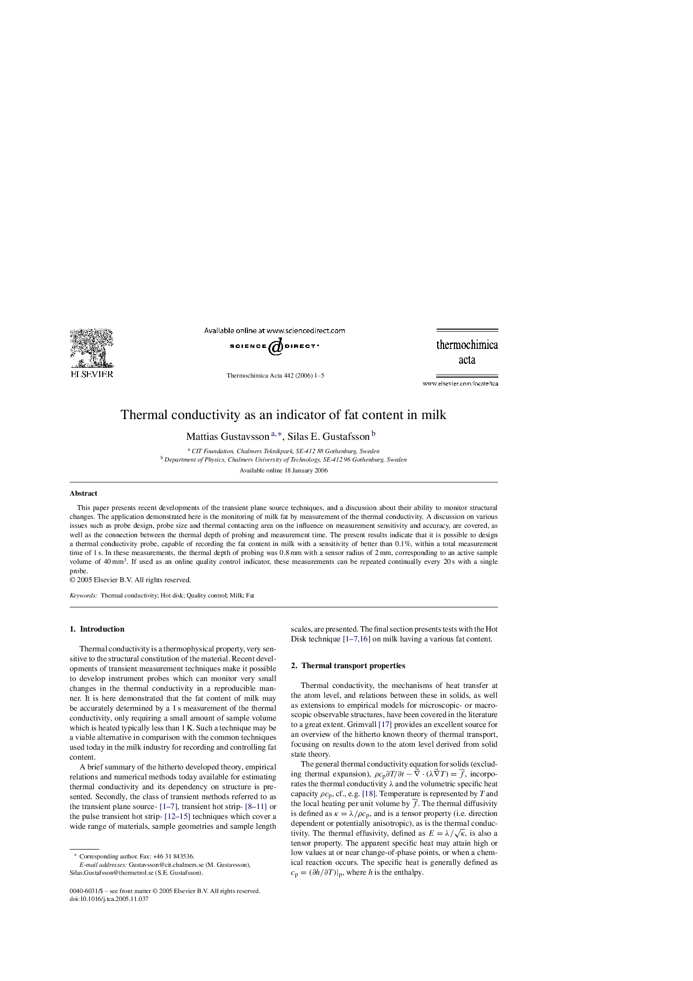 Thermal conductivity as an indicator of fat content in milk