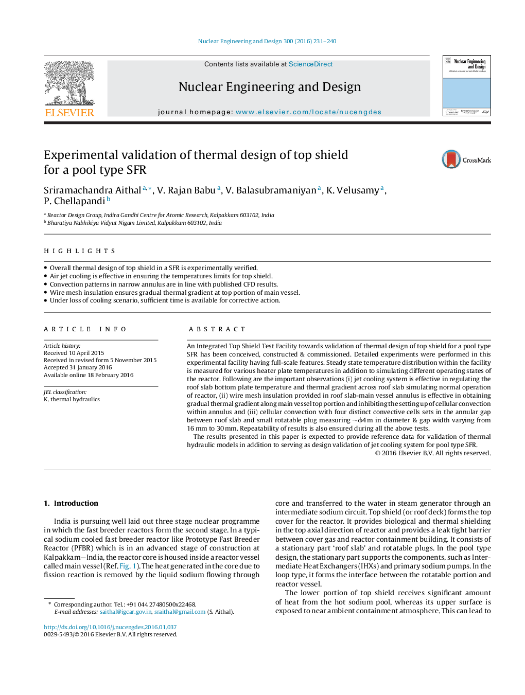 عکس صفحه اول مقاله: Experimental validation of thermal design of top shield for a pool type SFR Experimental validation of thermal design of top shield for a pool type SFR