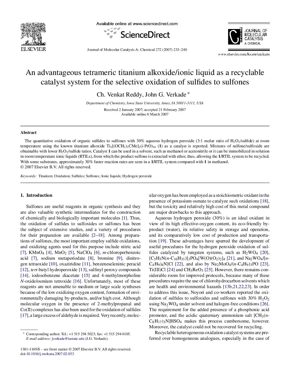 عکس صفحه اول مقاله: An advantageous tetrameric titanium alkoxide/ionic liquid as a recyclable catalyst system for the selective oxidation of sulfides to sulfones An advantageous tetrameric titanium alkoxide/ionic liquid as a recyclable catalyst system for the selective oxidation of sulfides to sulfones