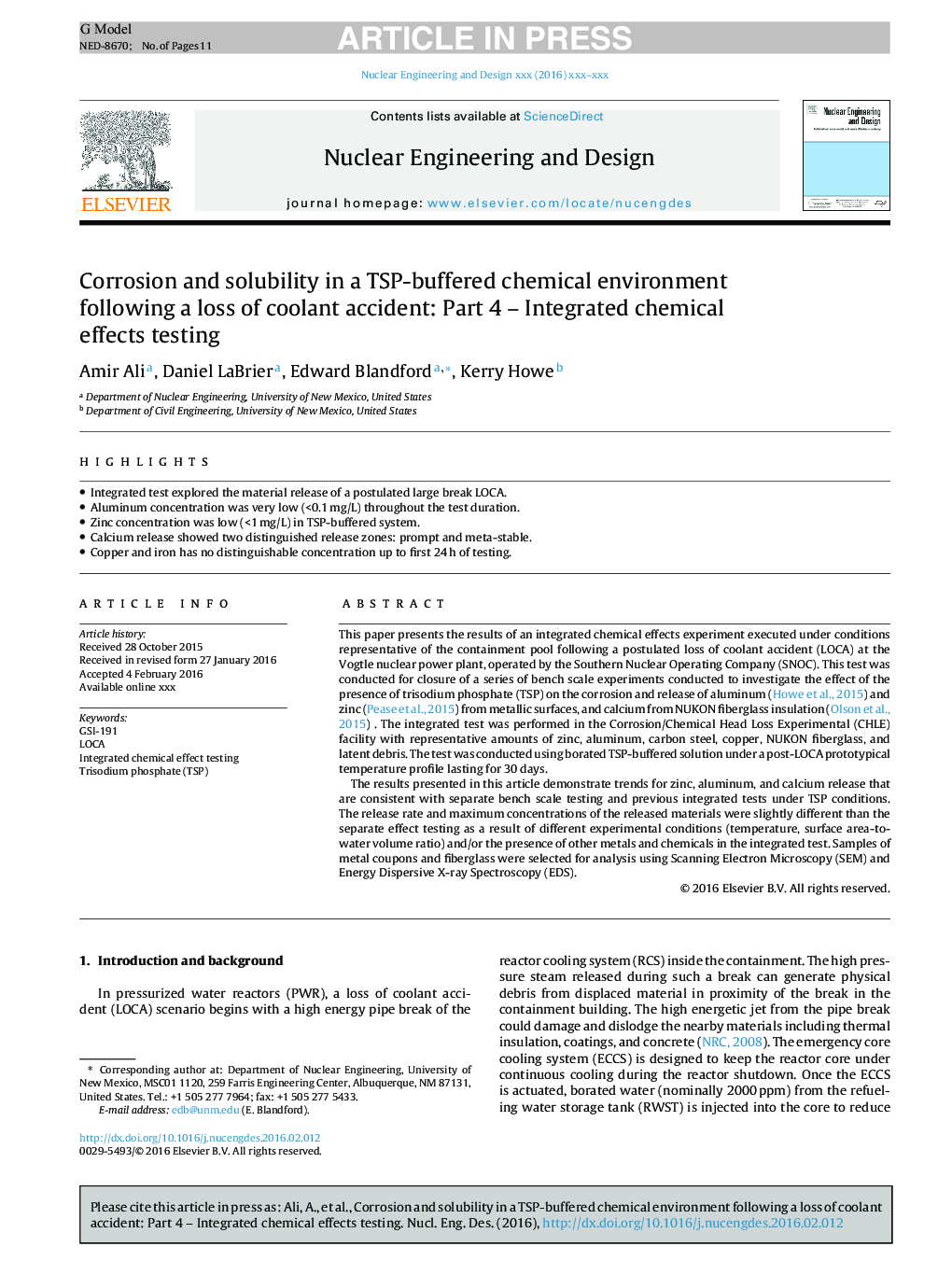 عکس صفحه اول مقاله: Corrosion and solubility in a TSP-buffered chemical environment following a loss of coolant accident: Part 4 - Integrated chemical effects testing Corrosion and solubility in a TSP-buffered chemical environment following a loss of coolant accident: Part 4 - Integrated chemical effects testing