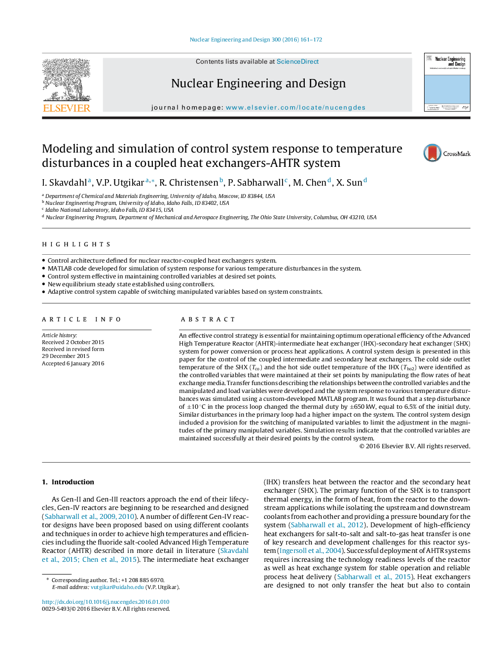 Modeling and simulation of control system response to temperature disturbances in a coupled heat exchangers-AHTR system
