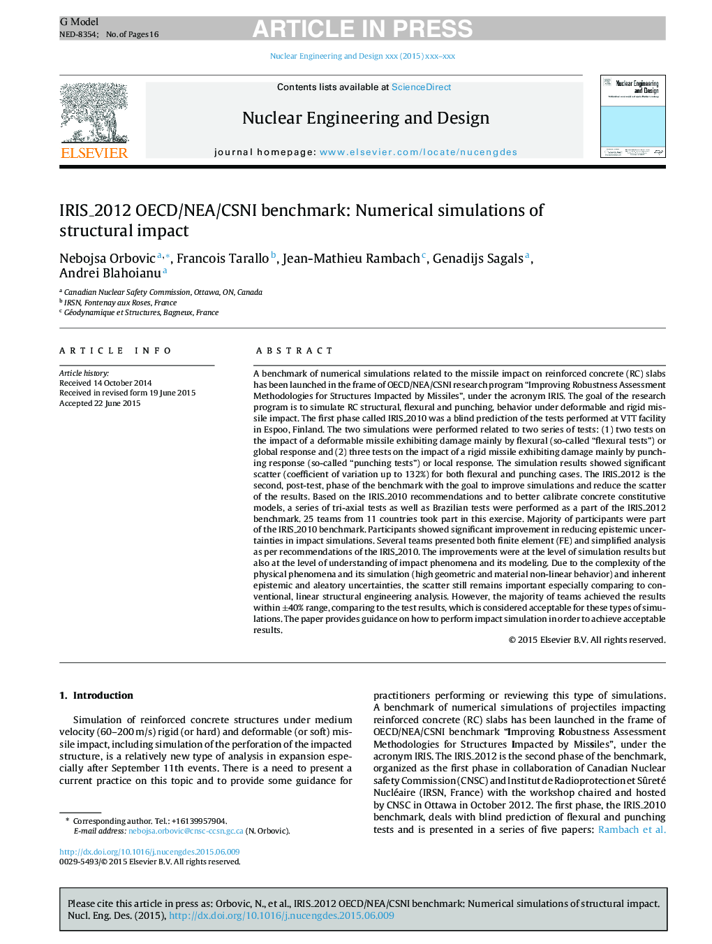 IRIS_2012 OECD/NEA/CSNI benchmark: Numerical simulations of structural impact