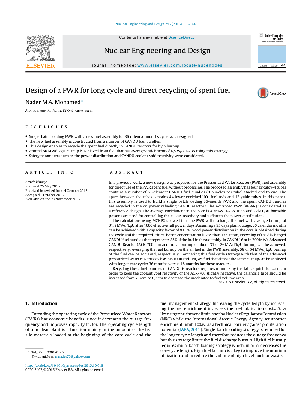 Design of a PWR for long cycle and direct recycling of spent fuel