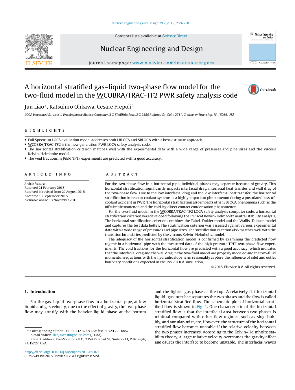 A horizontal stratified gas-liquid two-phase flow model for the two-fluid model in the WCOBRA/TRAC-TF2 PWR safety analysis code