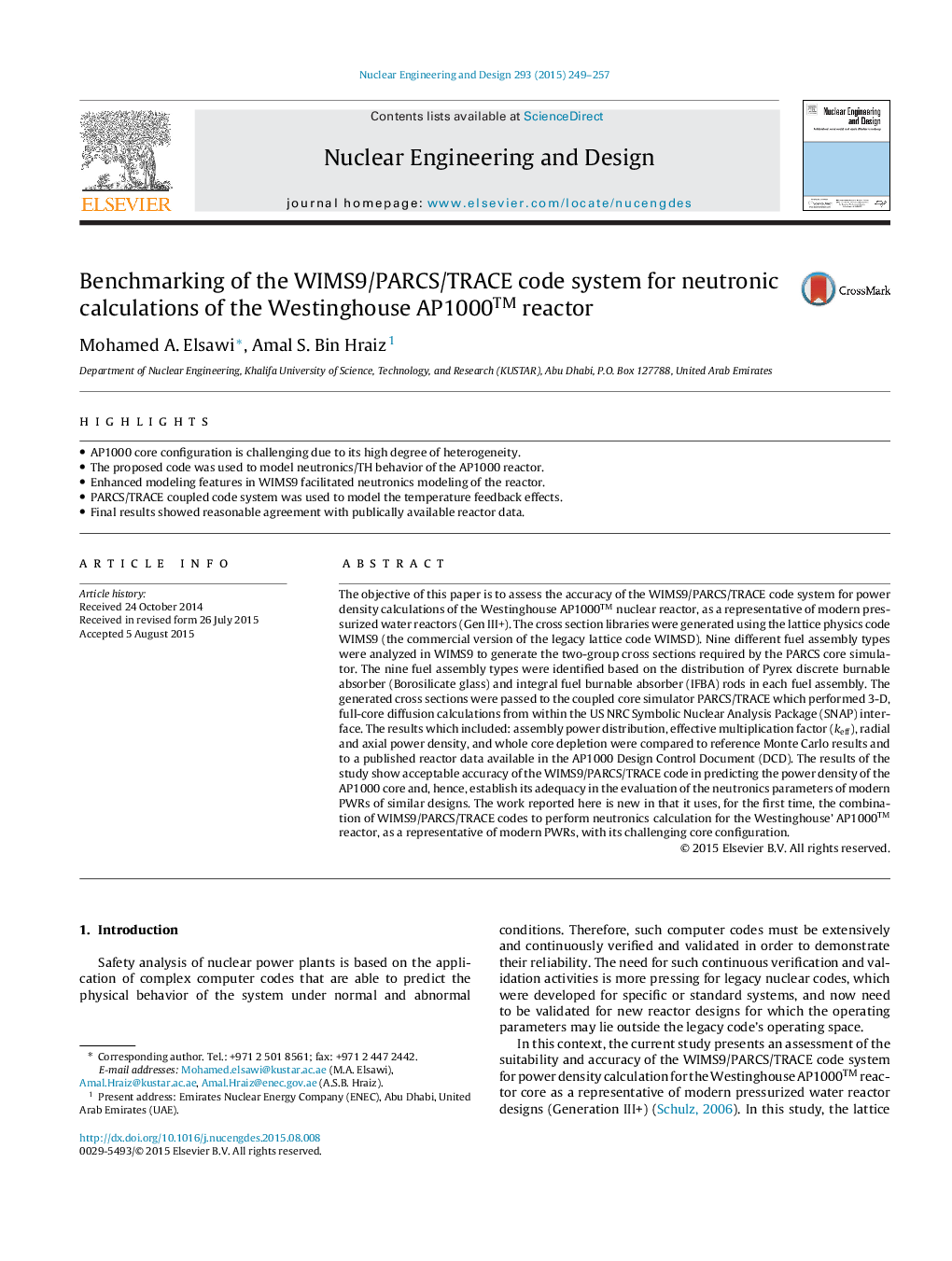 Benchmarking of the WIMS9/PARCS/TRACE code system for neutronic calculations of the Westinghouse AP1000â¢ reactor