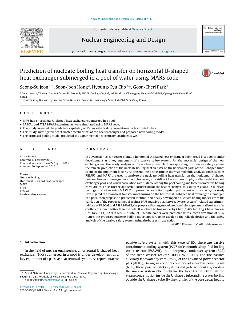 Prediction of nucleate boiling heat transfer on horizontal U-shaped heat exchanger submerged in a pool of water using MARS code