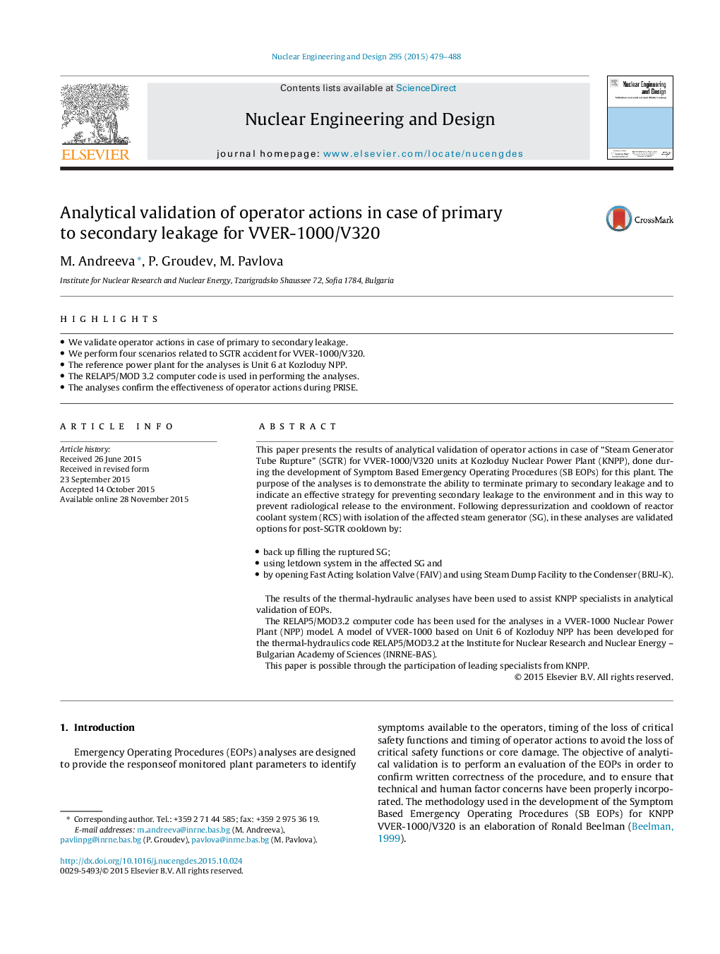 Analytical validation of operator actions in case of primary to secondary leakage for VVER-1000/V320