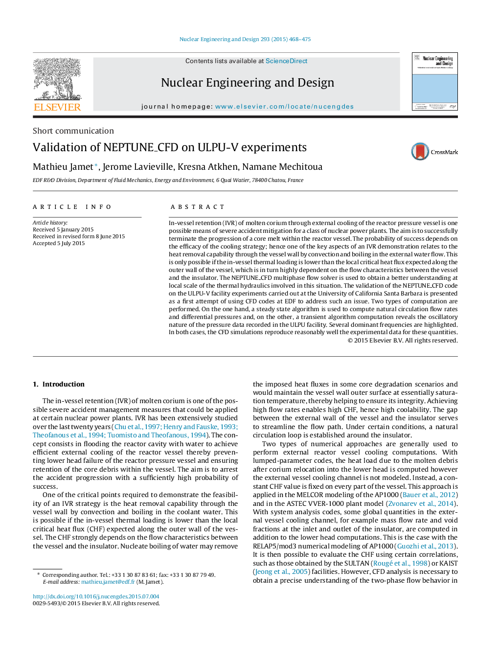 Validation of NEPTUNE_CFD on ULPU-V experiments
