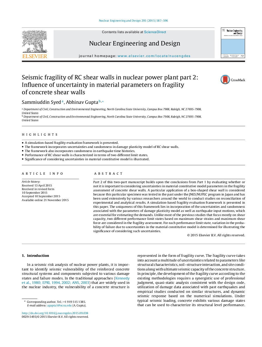Seismic fragility of RC shear walls in nuclear power plant part 2: Influence of uncertainty in material parameters on fragility of concrete shear walls