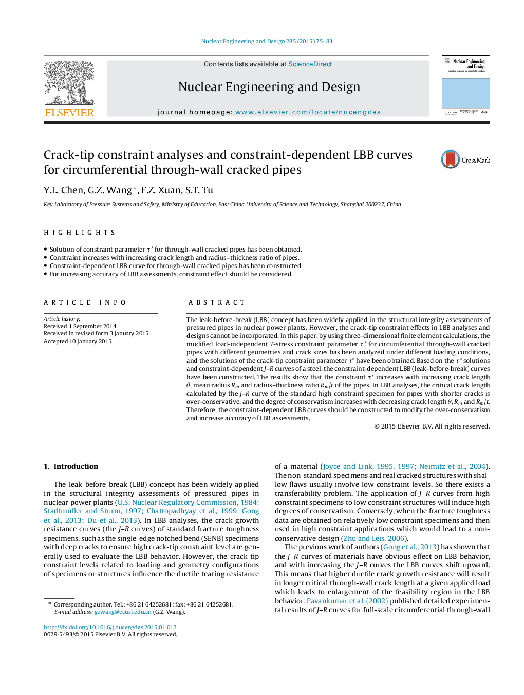 عکس صفحه اول مقاله: Crack-tip constraint analyses and constraint-dependent LBB curves for circumferential through-wall cracked pipes Crack-tip constraint analyses and constraint-dependent LBB curves for circumferential through-wall cracked pipes