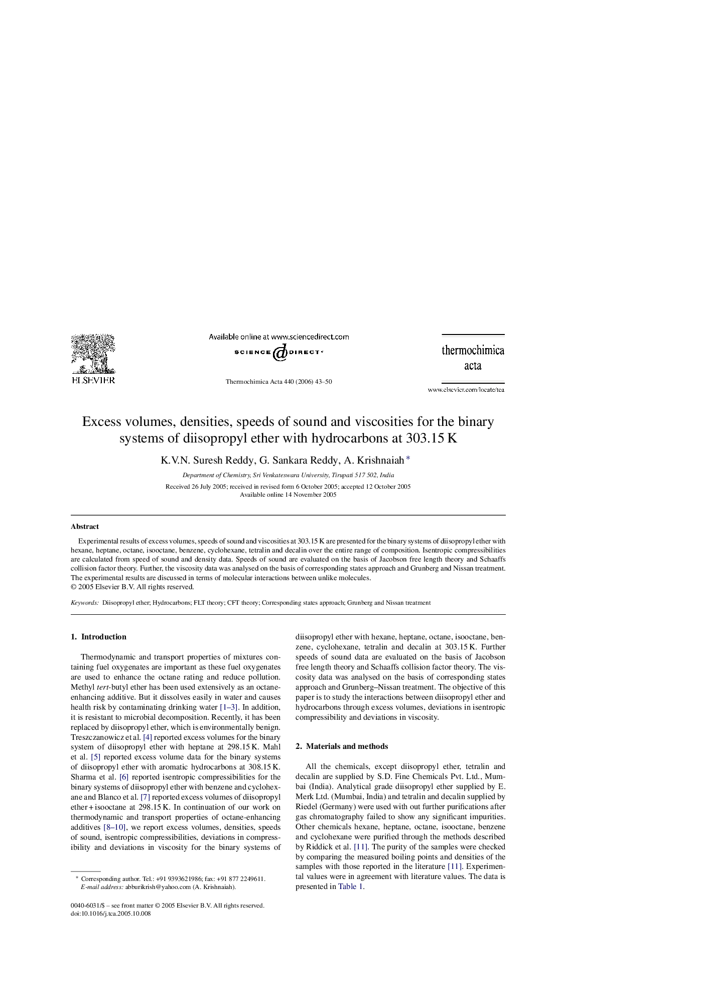 Excess volumes, densities, speeds of sound and viscosities for the binary systems of diisopropyl ether with hydrocarbons at 303.15 K